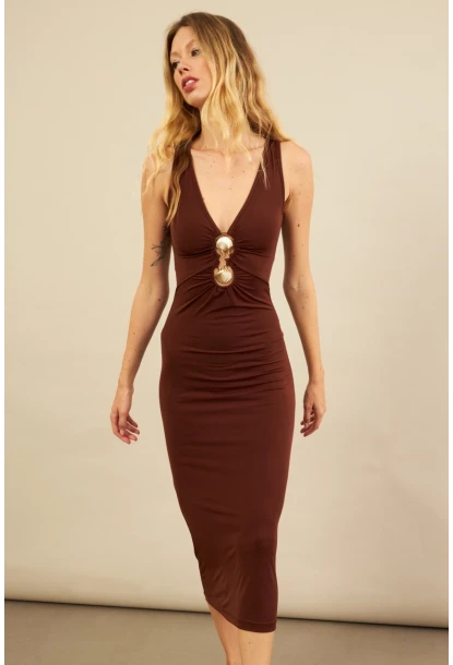 Kadın Kahverengi Toka Aksesuarlı Pencereli Midi Elbise KED7411