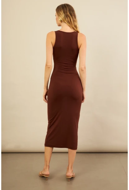 Kadın Kahverengi Toka Aksesuarlı Pencereli Midi Elbise KED7411