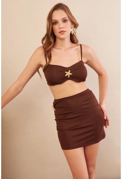 Kadın Kahverengi Yıldız Aksesuarlı Crop Etek Takım DCF054