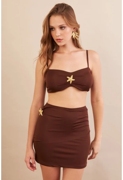 Kadın Kahverengi Yıldız Aksesuarlı Crop Etek Takım DCF054