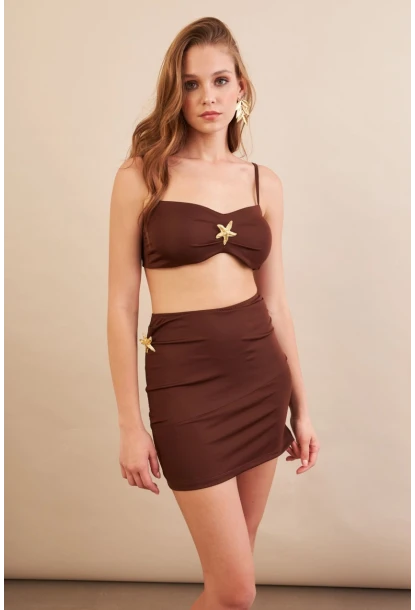 Kadın Kahverengi Yıldız Aksesuarlı Crop Etek Takım DCF054