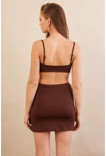 Kadın Kahverengi Yıldız Aksesuarlı Crop Etek Takım DCF054