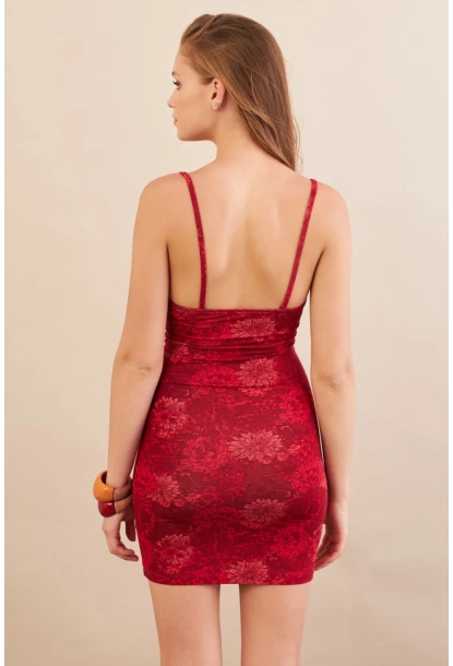 Kadın Kırmızı Askılı Çiçekli Mini Elbise LPP1129-90