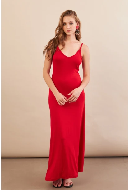 Kadın Kırmızı Ayarlanabilir Askılı Midaxi Elbise EY3115