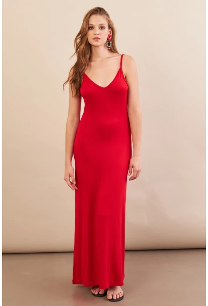 Kadın Kırmızı Ayarlanabilir Askılı Midaxi Elbise EY3115