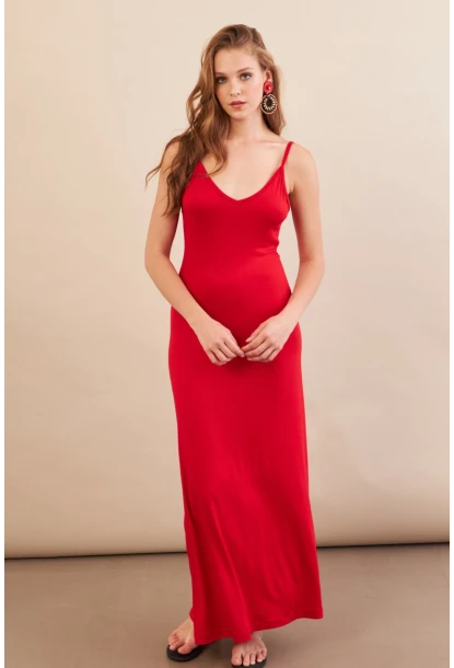 Kadın Kırmızı Ayarlanabilir Askılı Midaxi Elbise EY3115