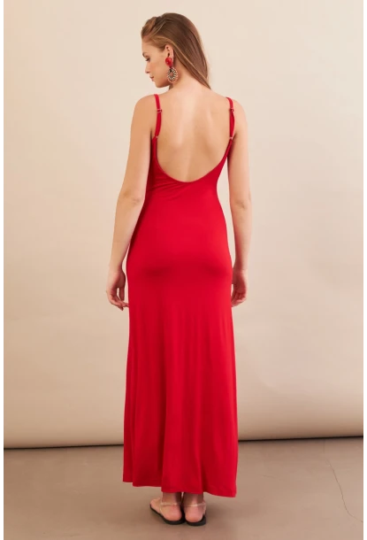 Kadın Kırmızı Ayarlanabilir Askılı Midaxi Elbise EY3115