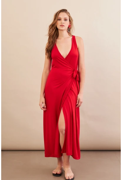 Kadın Kırmızı Bağlamalı Kruvaze Midi Elbise EY3107
