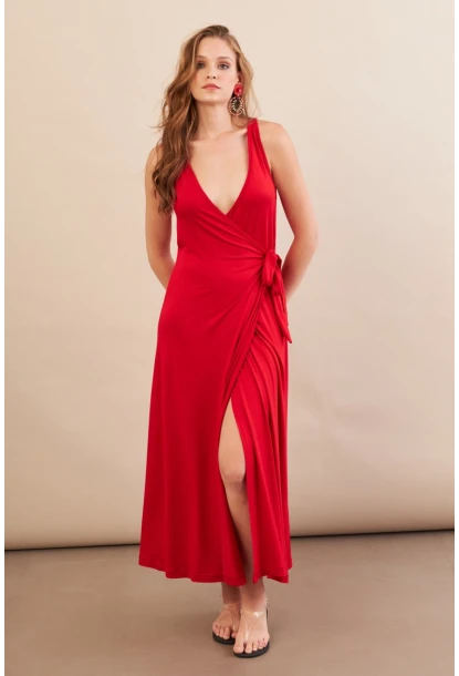 Kadın Kırmızı Bağlamalı Kruvaze Midi Elbise EY3107