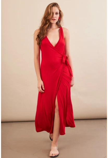 Kadın Kırmızı Bağlamalı Kruvaze Midi Elbise EY3107