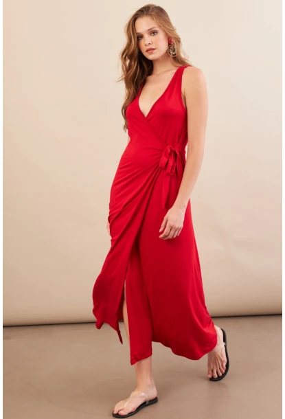 Kadın Kırmızı Bağlamalı Kruvaze Midi Elbise EY3107