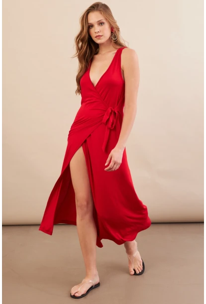 Kadın Kırmızı Bağlamalı Kruvaze Midi Elbise EY3107