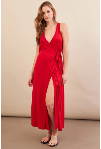 Kadın Kırmızı Bağlamalı Kruvaze Midi Elbise EY3107