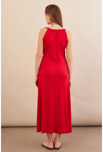 Kadın Kırmızı Bağlamalı Kruvaze Midi Elbise EY3107