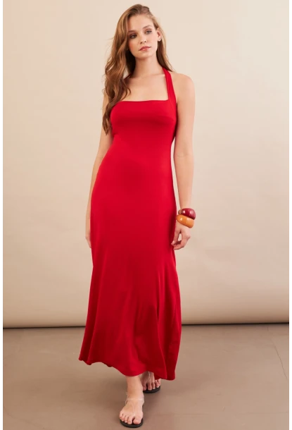 Kadın Kırmızı Boyun Bağlamalı Halter Midaxi Elbise EY3113