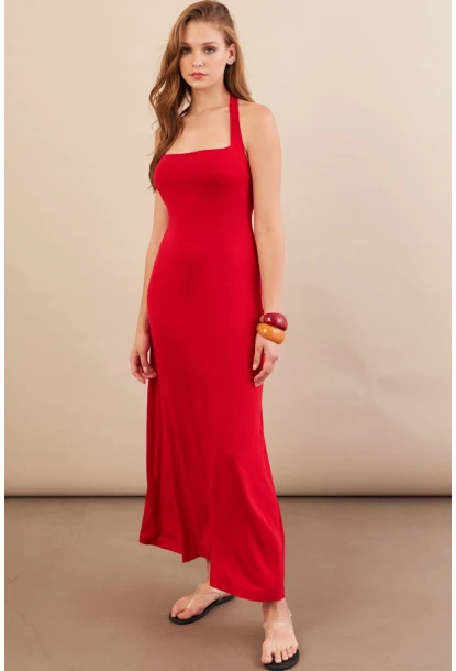 Kadın Kırmızı Boyun Bağlamalı Halter Midaxi Elbise EY3113