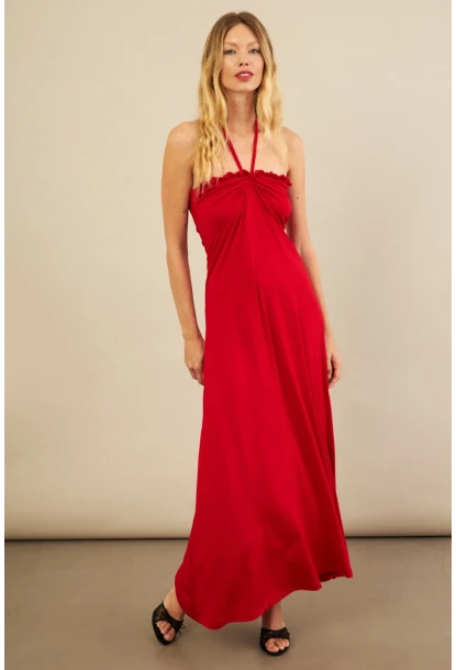 Kadın Kırmızı Boyun Bağlamalı Straplez Elbise EY3121