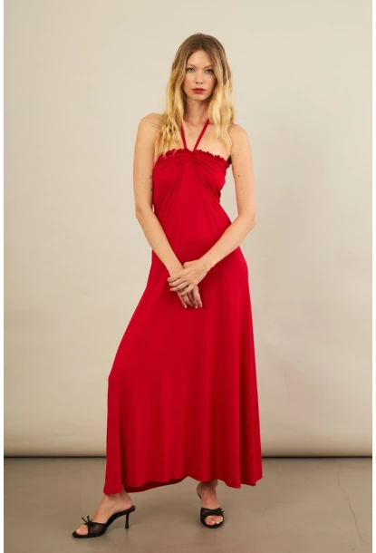 Kadın Kırmızı Boyun Bağlamalı Straplez Elbise EY3121