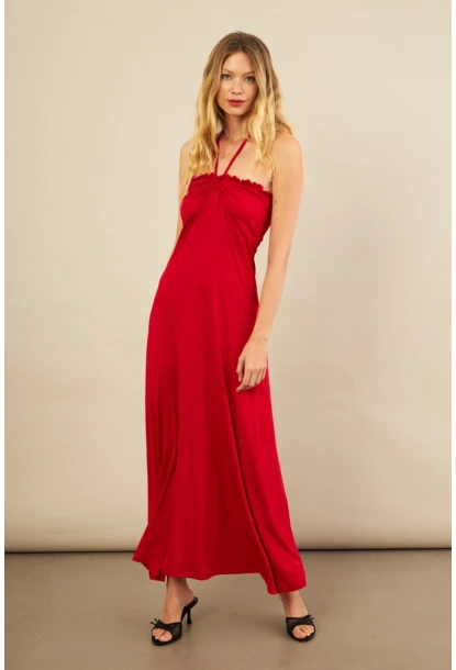 Kadın Kırmızı Boyun Bağlamalı Straplez Elbise EY3121
