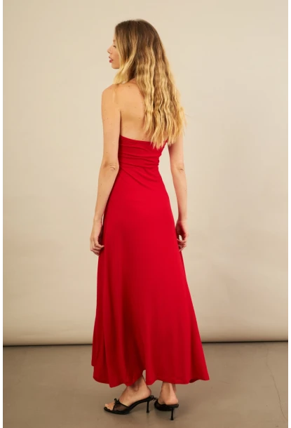 Kadın Kırmızı Boyun Bağlamalı Straplez Elbise EY3121
