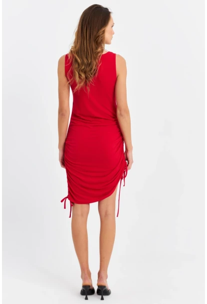 Kadın Kırmızı Büzgülü Ayarlanabilir Midi Elbise HOR002