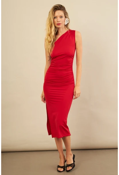 Kadın Kırmızı Büzgülü Tek Omuz Midi Elbise YEL221676