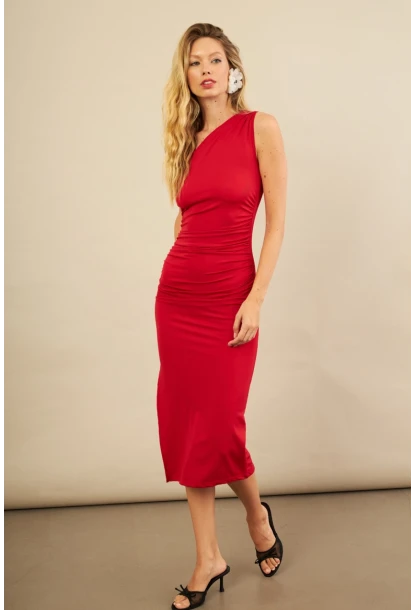 Kadın Kırmızı Büzgülü Tek Omuz Midi Elbise YEL221676