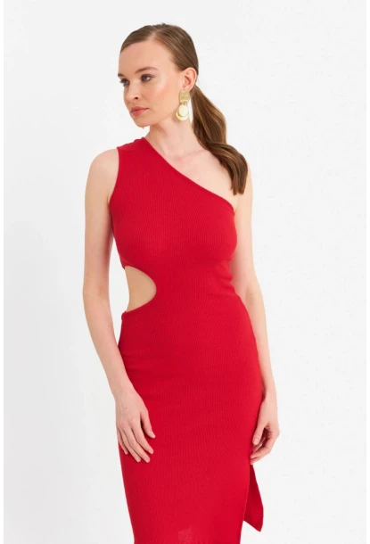 Kadın Kırmızı Dekolteli Kaşkorse Midi Elbise OR2460
