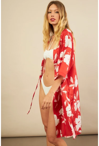 Kadın Kırmızı Desenli Kimono BTY105