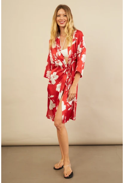 Kadın Kırmızı Desenli Kimono BTY105