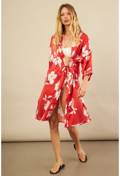 Kadın Kırmızı Desenli Kimono BTY105