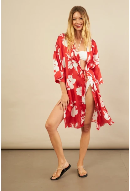 Kadın Kırmızı Desenli Kimono BTY105