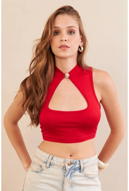 Kadın Kırmızı Düğme Detaylı Pencereli Bluz EY3110