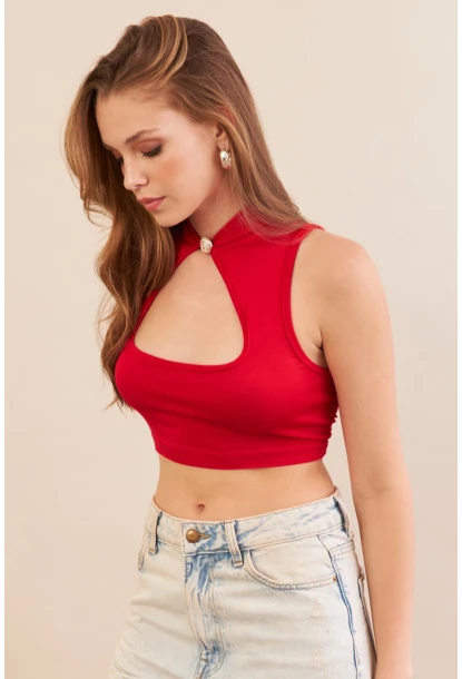 Kadın Kırmızı Düğme Detaylı Pencereli Bluz EY3110