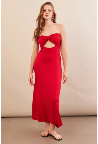 Kadın Kırmızı Düğümlü Pencereli Straplez Midi Elbise EY3109