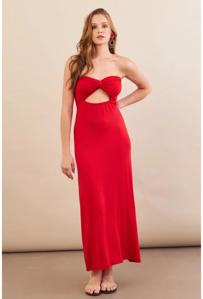 Kadın Kırmızı Düğümlü Pencereli Straplez Midi Elbise EY3109