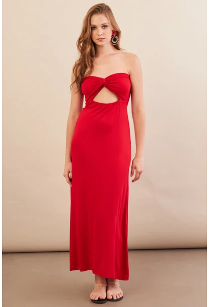 Kadın Kırmızı Düğümlü Pencereli Straplez Midi Elbise EY3109