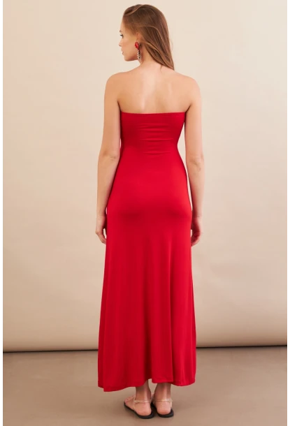 Kadın Kırmızı Düğümlü Pencereli Straplez Midi Elbise EY3109