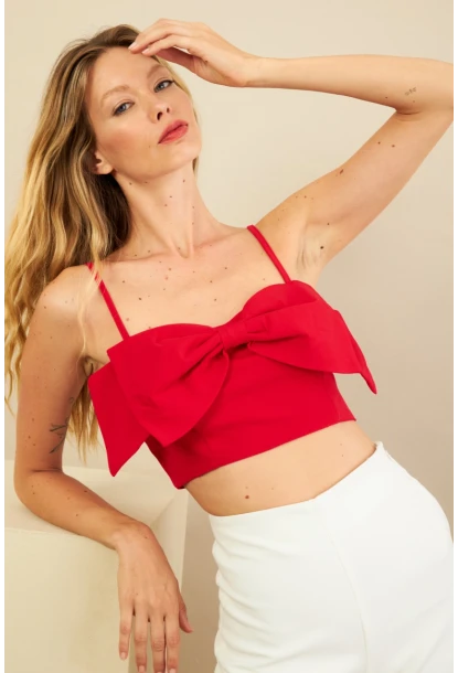 Kadın Kırmızı Fiyonklu Crop Bluz KED0089