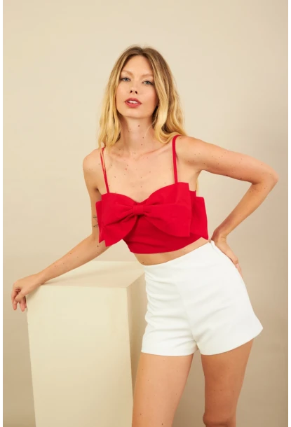 Kadın Kırmızı Fiyonklu Crop Bluz KED0089