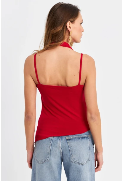 Kadın Kırmızı Fularlı Asimetrik Bluz HOR0079