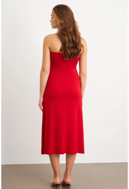 Kadın Kırmızı Halka Detaylı Midi Elbise EY3089