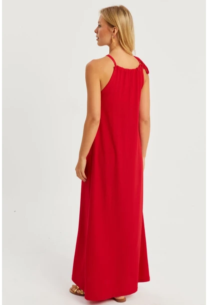 Kadın Kırmızı Halter Yaka Bürümcük Midi Elbise EY2788