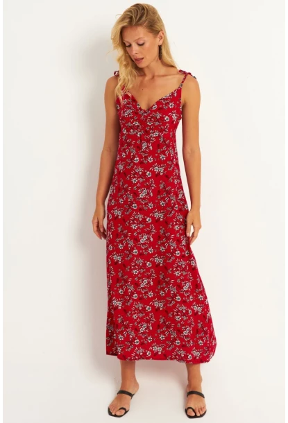 Kadın Kırmızı İp Askılı Çiçekli Midi Elbise GÇ172