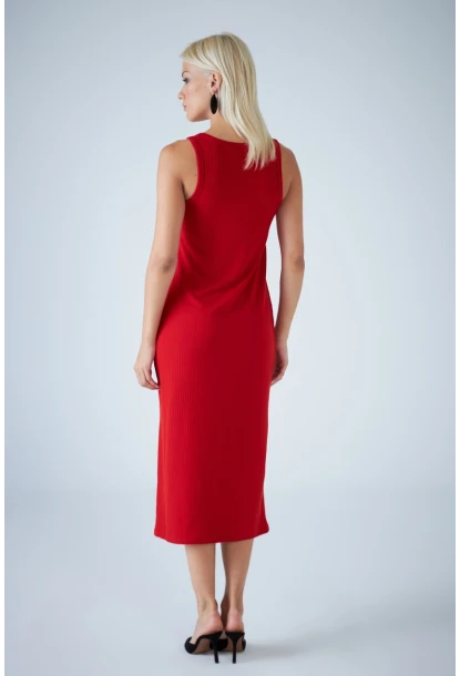 Kadın Kırmızı Kolsuz Yırtmaçlı Midi Elbise AYD418