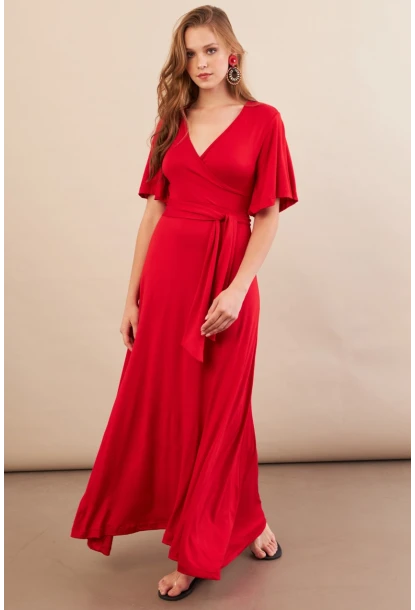 Kadın Kırmızı Kruvaze Bağlamalı Maxi Elbise EY3038