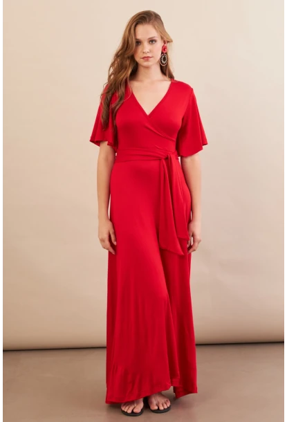 Kadın Kırmızı Kruvaze Bağlamalı Maxi Elbise EY3038