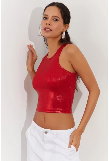 Kadın Kırmızı Metalik Crop Bluz LPP1218