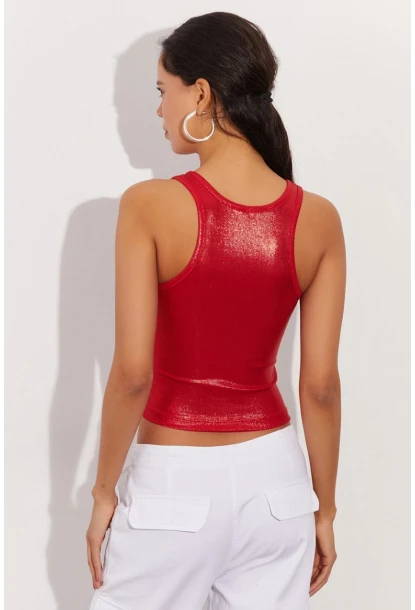 Kadın Kırmızı Metalik Crop Bluz LPP1218