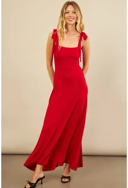 Kadın Kırmızı Omuz Fiyonklu Midi Elbise EY3119